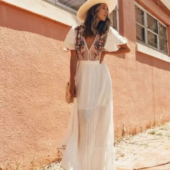 Lena Vie Boutique | Dresses | White Cleo Cotton Boho Maxi Dress Wside Slits  Hand Embroidered Stitch Coverup | Poshmark